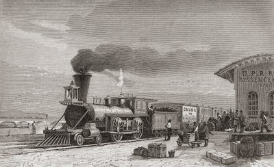 Het treinstation in Omaha, Nebraska, startpunt van de Pacific Railroad, zoals het was in 1867, illustratie uit 